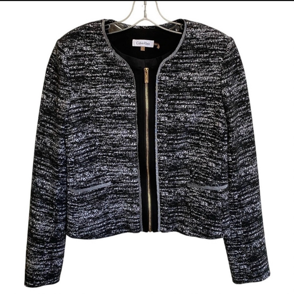 Calvin Klein Black White Full Zip Career Blazer Jacket Womens 8 Classic